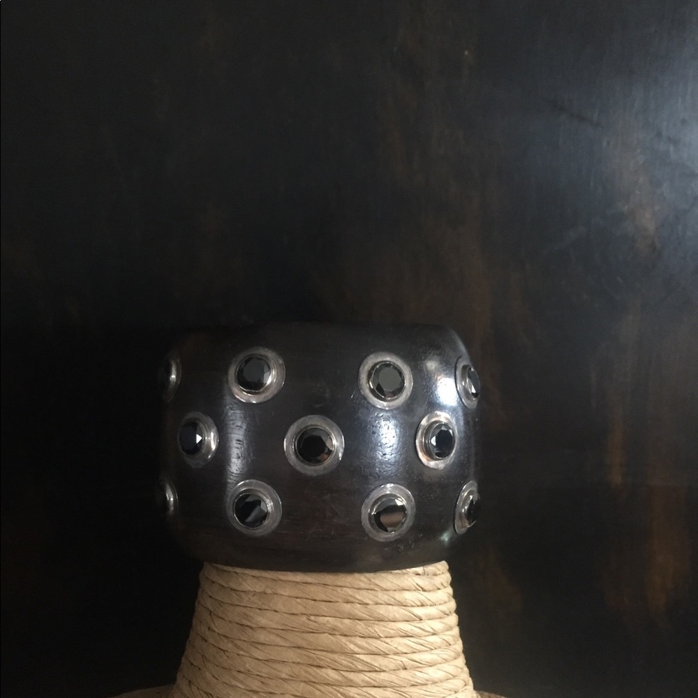 Jet Black Bead and Wood Cuff Bracelet.
